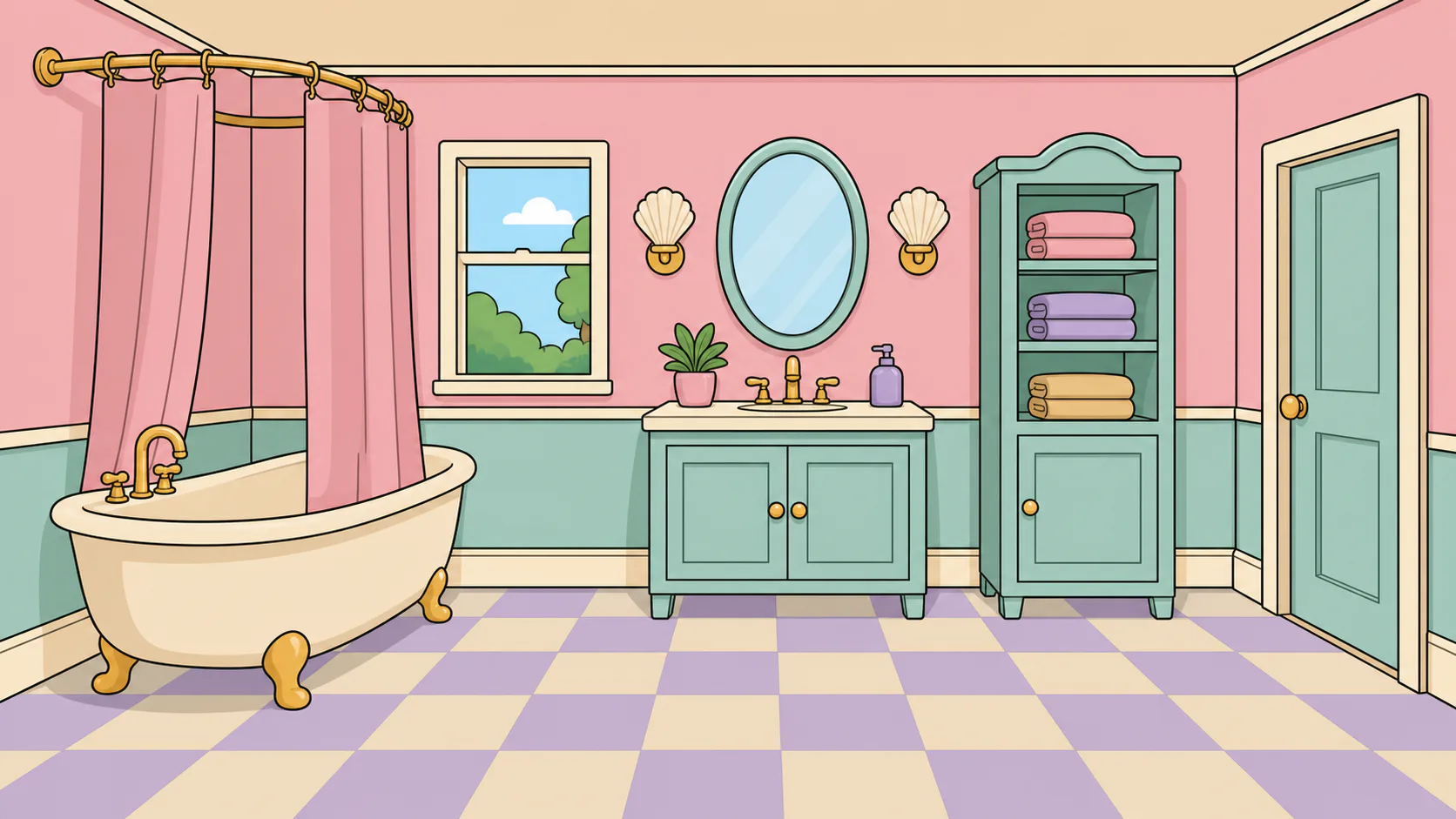 A pastel bathroom with a bathtub, washbasin and towel cabinet