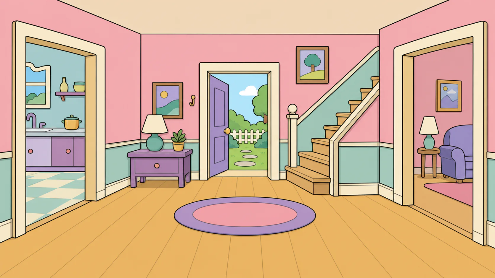 The ground-floor hall of a pastel house, with rooms on each side, a garden door and stairs