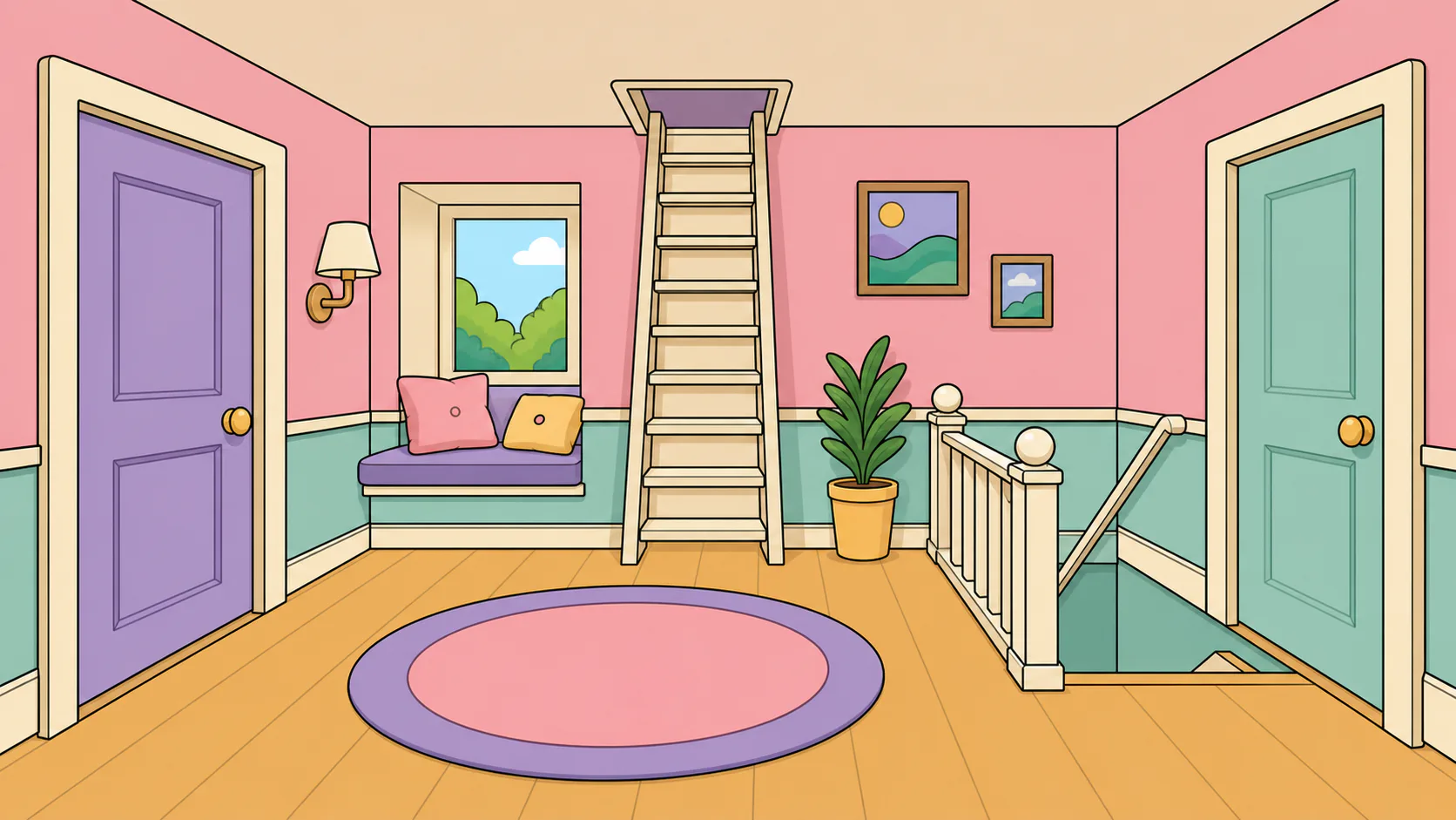 The second-floor landing with a bedroom door, bathroom door, attic stairs and stairs down